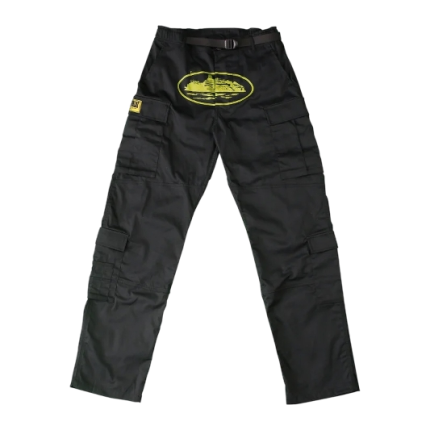 corteiz yella guerillaz cargos black yellow zoom in