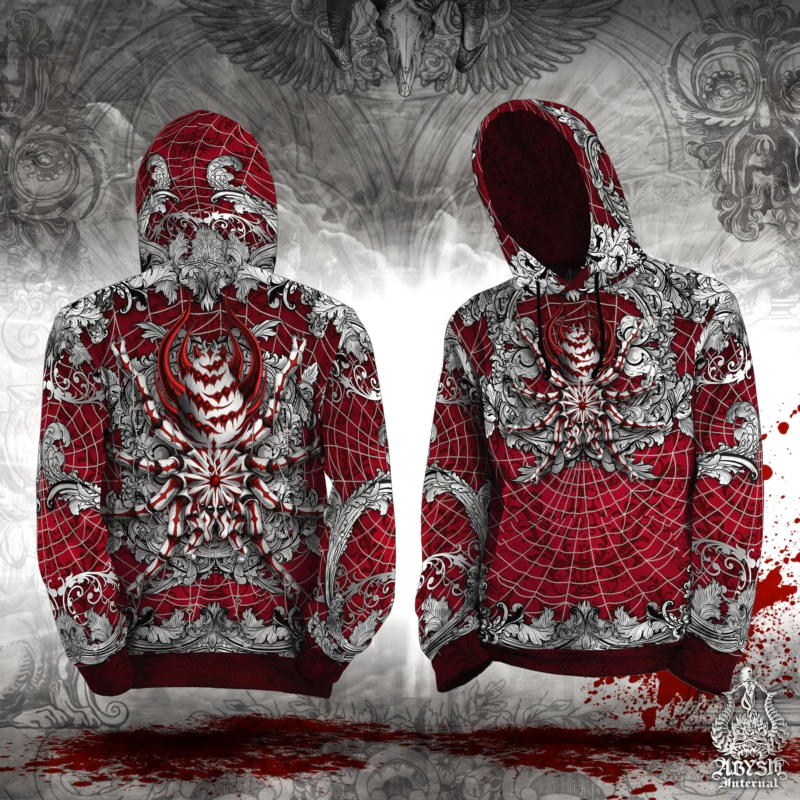 spider hoodie indie streetwear street outfit festival apparel alternative clothing unisex tarantula silver red abysm internal 810831 min